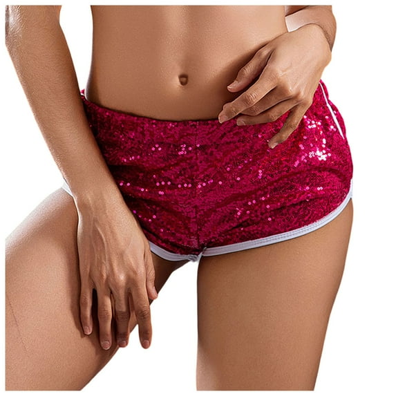 MIXUE Shorts For Women Summer Solid Color Sequin Micro Sexy Sparkly Concert Hot Mini Low Rise Womens Shorts Daily-Wear,Red,M