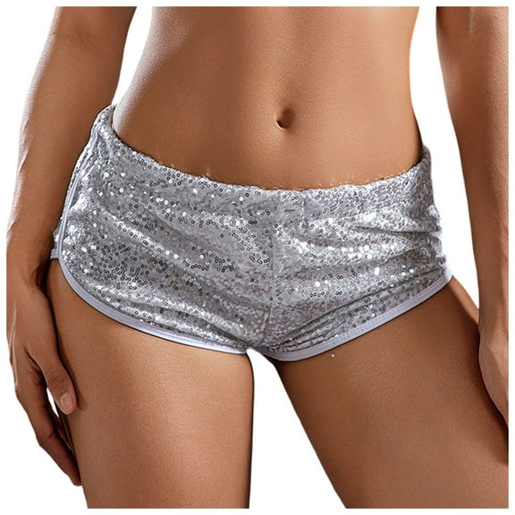 MIXUE Shorts For Women Summer Solid Color Sequin Micro Sexy Sparkly Concert Hot Mini Low Rise Womens Shorts Sportwear,Silver,S