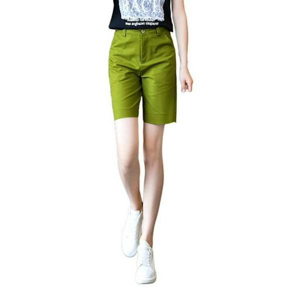 MIXUE Shorts For Women Summer Solid Color Slim Fit Fashion Straight Leg Shorts Workwear,Green,S