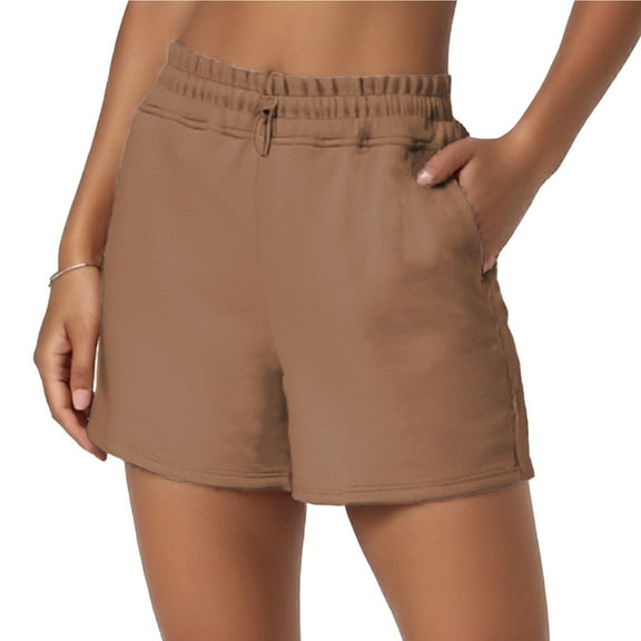 MIXUE Shorts For Women Summer Solid Color Soft Relaxed Adjustable High Waist Casual Pockets Womens Shorts Holiday Wear,Brown,M