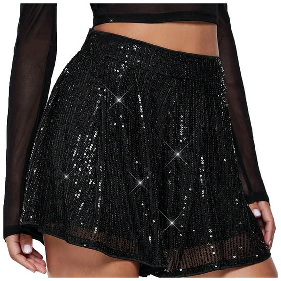 MIXUE Shorts For Women Summer Solid Color Sparkling Sequined Sparkling Womens Shorts Holiday Wear,Black,XL