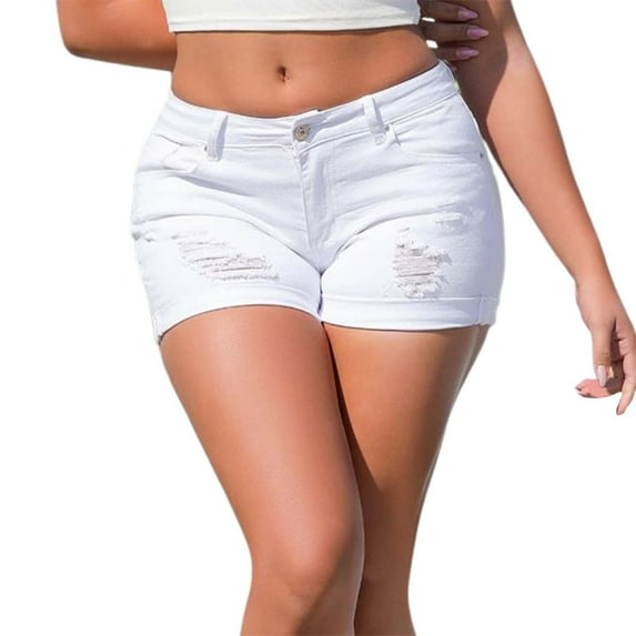 MIXUE Shorts For Women Summer Solid Color Stylish Sexy Mid Rise Slim Stretch Ripped Denim Womens Shorts Activewear,White,S