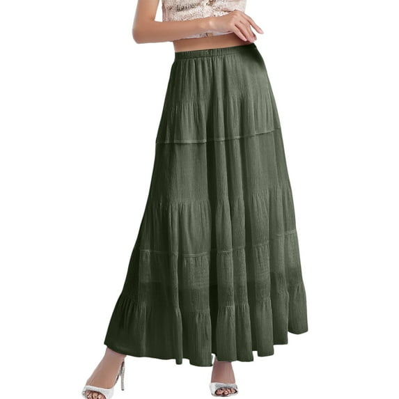 MIXUE Skirts For Women Summer Chiffon Solid Color Elastic High Waist A Line Boho Maxi Pleated Skirt Activewear,Green,XL