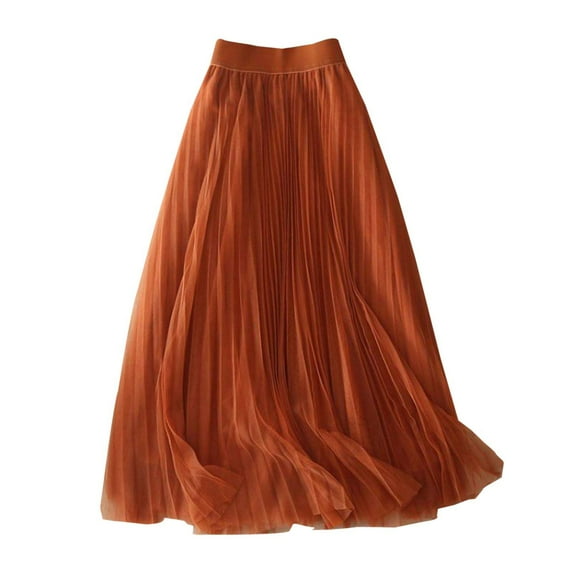 MIXUE Skirts For Women Summer Chiffon Solid Color High Waist Pleated Casual Midi Lightweight Flowing Fashion Maxi Skirt Streetwear,Orange,L