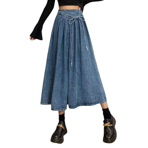 MIXUE Skirts For Women Summer Denim Solid Color Elastic High Waist A Line Casual Maxi Skirt Outwear,Blue,S