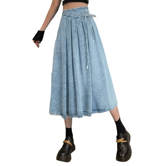MIXUE Skirts For Women Summer Denim Solid Color Elastic High Waist A Line Casual Maxi Skirt Outwear,Blue,XXXL
