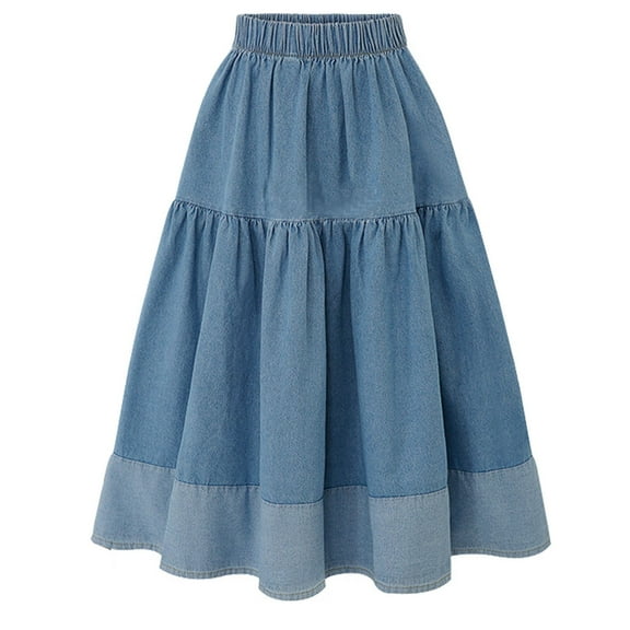 MIXUE Skirts For Women Summer Denim Solid Color Elastic High Waist Fashion Casual Plus Size Maxi Skirt Beachwear,Blue,S