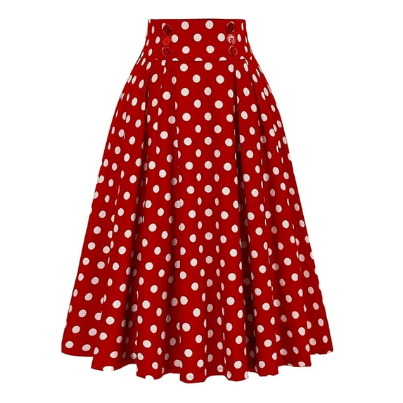 MIXUE Skirts For Women Summer Dots Print Pleated Elastic High Waist Fashion Casual Retro Maxi Skirt Streetwear,Red,S