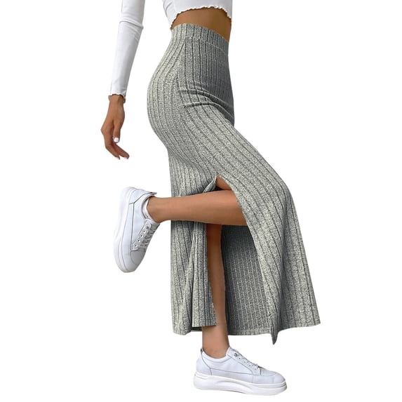MIXUE Skirts For Women Summer Knitted Solid Color Elastic High Waist Side Slit Slim Bodycon Maxi Skirt Outwear,Gray,M