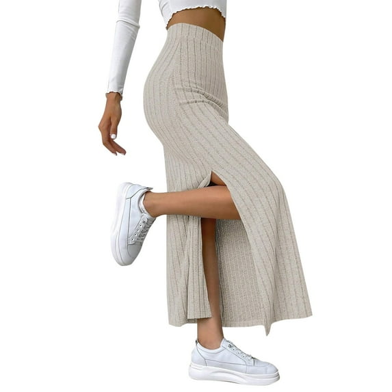 MIXUE Skirts For Women Summer Knitted Solid Color Elastic High Waist Side Slit Slim Bodycon Maxi Skirt Streetwear,Beige,XXXL
