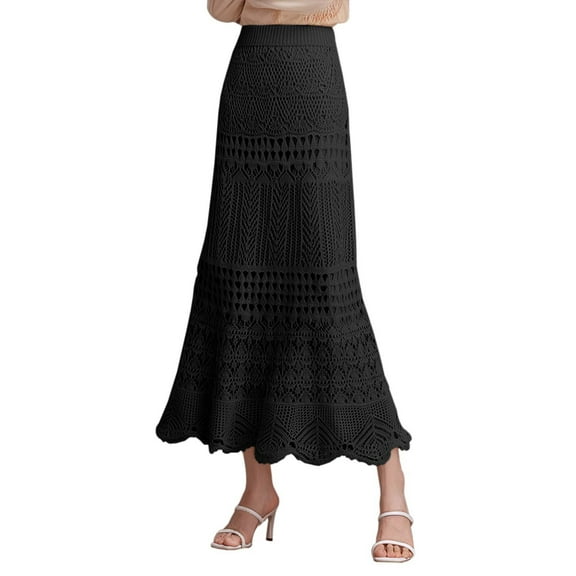 MIXUE Skirts For Women Summer Knitted Solid Color Floral Lace High Waist Hollow Elegant Bodycon Maxi Skirt Activewear,Black,XL