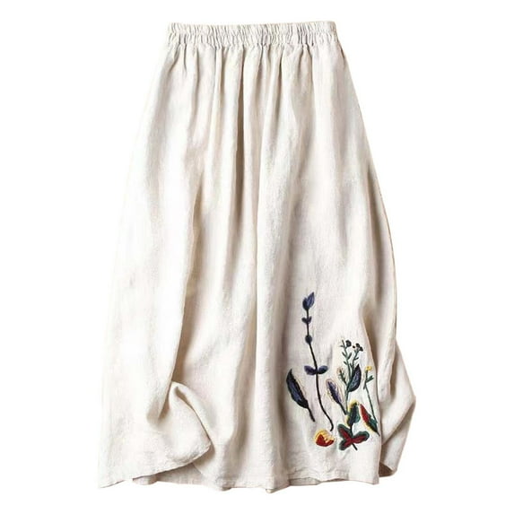 MIXUE Skirts For Women Summer Linen Floral Embroidered Elastic High Waist A Line Vintage Maxi Skirt Beachwear,White,XL