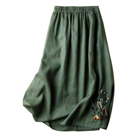 MIXUE Skirts For Women Summer Linen Floral Embroidered Elastic High Waist A Line Vintage Maxi Skirt Streetwear,Green,M