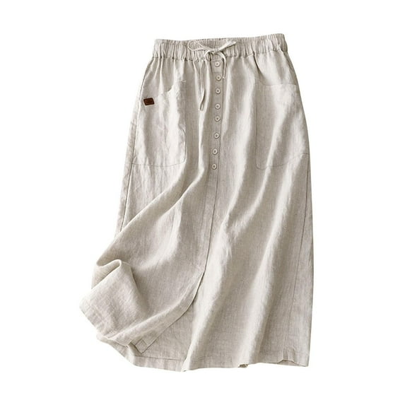 MIXUE Skirts For Women Summer Linen Solid Color Elastic High Waist Drawstring Loose Fit Casual With Pockets Maxi Skirt Activewear,Beige,M