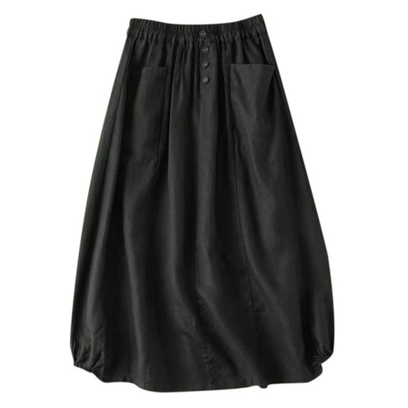 MIXUE Skirts For Women Summer Linen Solid Color Elastic High Waist With Pockets A Line Fashion Skirt Holiday Wear,Black,XXXXL