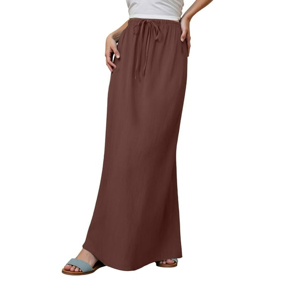MIXUE Skirts For Women Summer Linen Solid Color Elastic Waist Drawstring A Line Boho Maxi Skirt Daily-Wear,Gray,XL
