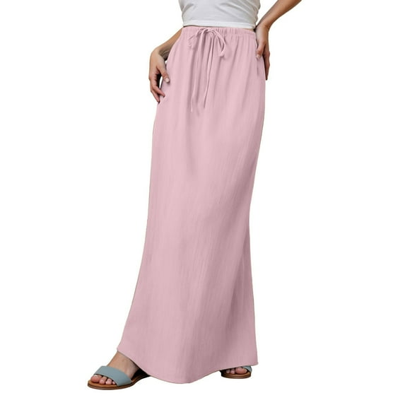 MIXUE Skirts For Women Summer Linen Solid Color Elastic Waist Drawstring A Line Maxi Skirt Activewear,Pink,S