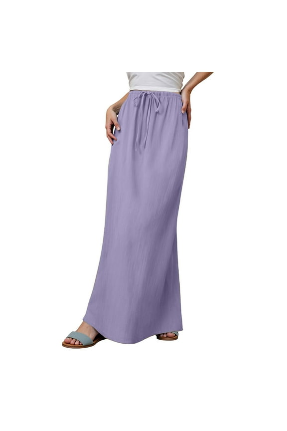 Skirts For Women Summer Linen Solid Color Elastic Waist Drawstring A Line Maxi Skirt Activewear,Purple,XL