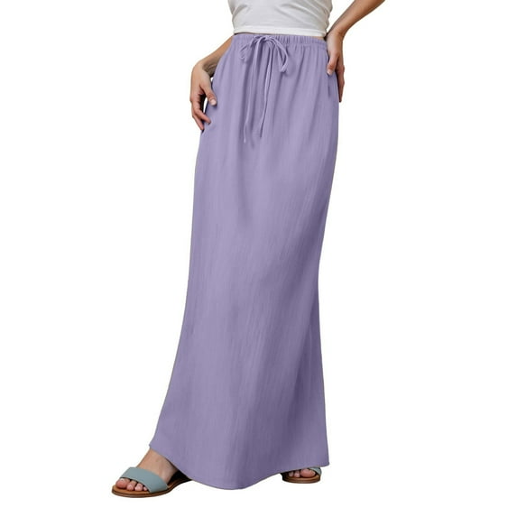 MIXUE Skirts For Women Summer Linen Solid Color Trendy Drawstring Waist A Line Cute Vacation Boho Flowy Maxi Skirt Daily-Wear,Purple,L