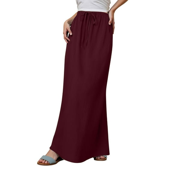 MIXUE Skirts For Women Summer Linen Solid Color Trendy Drawstring Waist A Line Cute Vacation Boho Flowy Maxi Skirt Outwear,Red,L