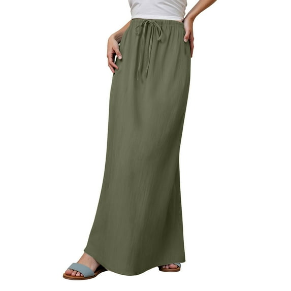 MIXUE Skirts For Women Summer Linen Solid Color Trendy Drawstring Waist A Line Cute Vacation Boho Flowy Maxi Skirt Sportwear,Green,XXL