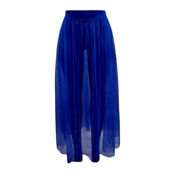 MIXUE Skirts For Women Summer Mesh Solid Color Elastic High Waist A Line Loose Maxi Skirt Activewear,Blue,XL