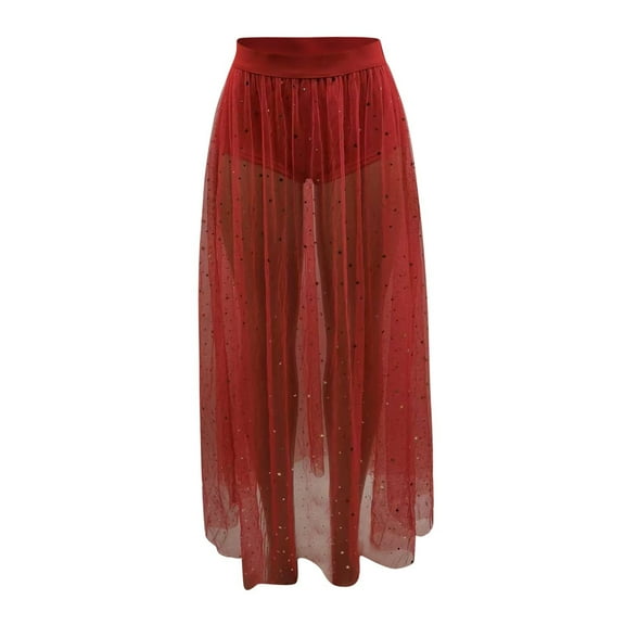 MIXUE Skirts For Women Summer Mesh Solid Color Elastic High Waist A Line Loose Maxi Skirt Beachwear,Red,M