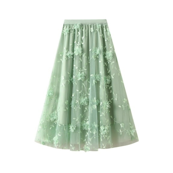 MIXUE Skirts For Women Summer Mesh Solid Color Floral Embroidery A Line High Waist Maxi Skirt Beachwear,Green,One Size