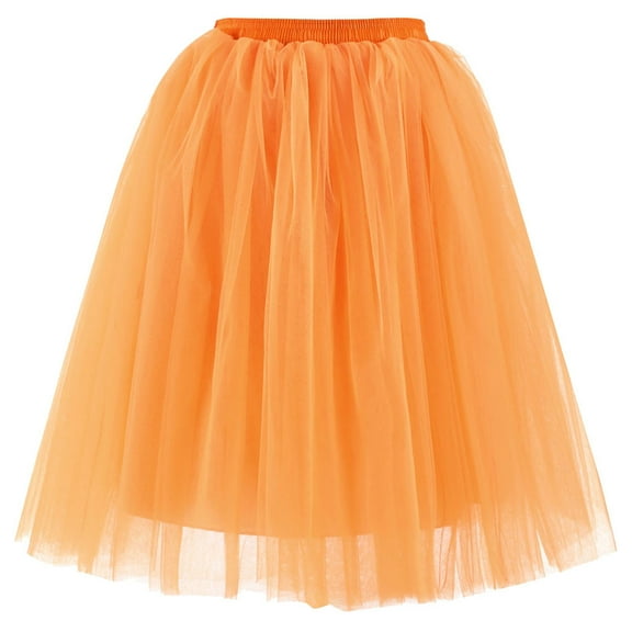 MIXUE Skirts For Women Summer Mesh Solid Color Pleated Elastic High Waist A Line Knee Length Tutu Dancing Mini Skirt Activewear,Orange,One Size