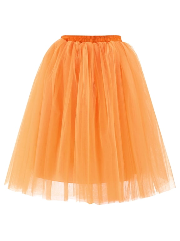 Skirts For Women Summer Mesh Solid Color Pleated Elastic High Waist A Line Knee Length Tutu Dancing Mini Skirt Activewear,Orange,One Size