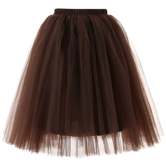 MIXUE Skirts For Women Summer Mesh Solid Color Pleated Elastic High Waist A Line Knee Length Tutu Dancing Mini Skirt Daily-Wear,Brown,One Size