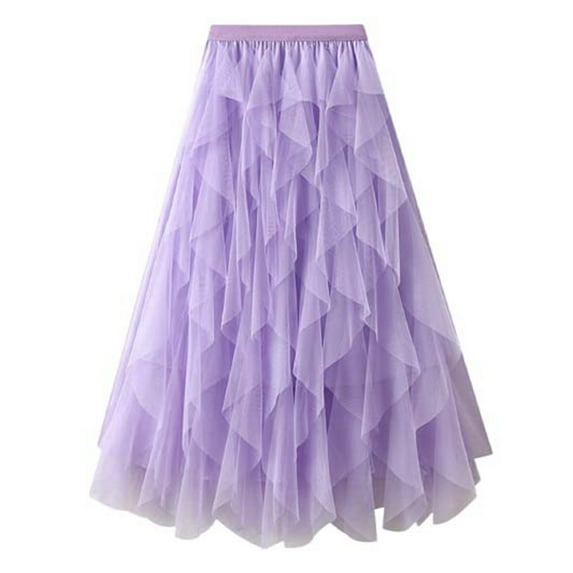MIXUE Skirts For Women Summer Mesh Solid Color Ruffled Elastic High Waist A Line Maxi Skirt Beachwear,Purple,One Size