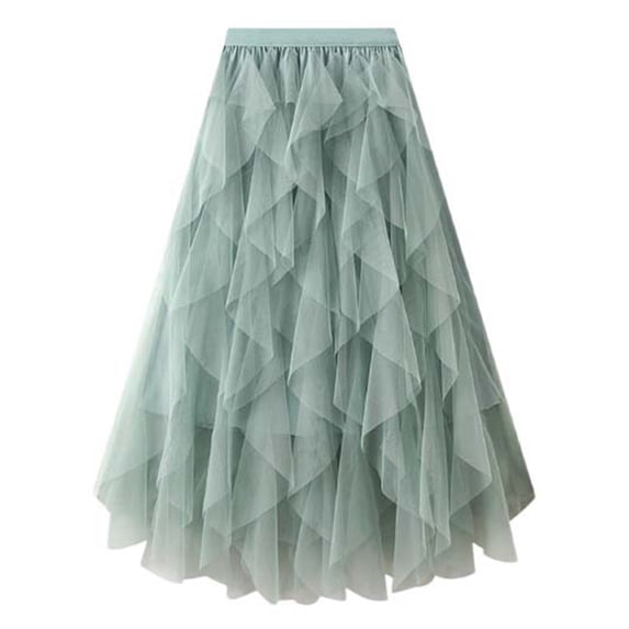 MIXUE Skirts For Women Summer Mesh Solid Color Ruffled Elastic High Waist A Line Maxi Skirt Daily-Wear,Green,One Size