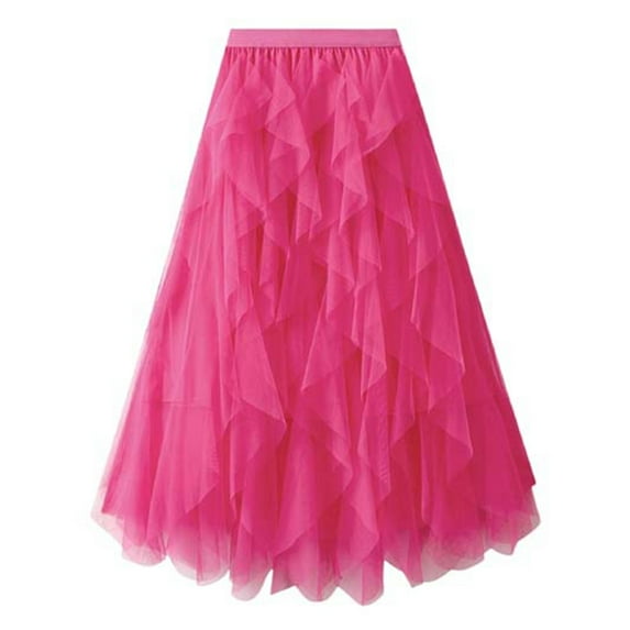 MIXUE Skirts For Women Summer Mesh Solid Color Ruffled Elastic High Waist A Line Maxi Skirt Holiday Wear,Pink,One Size