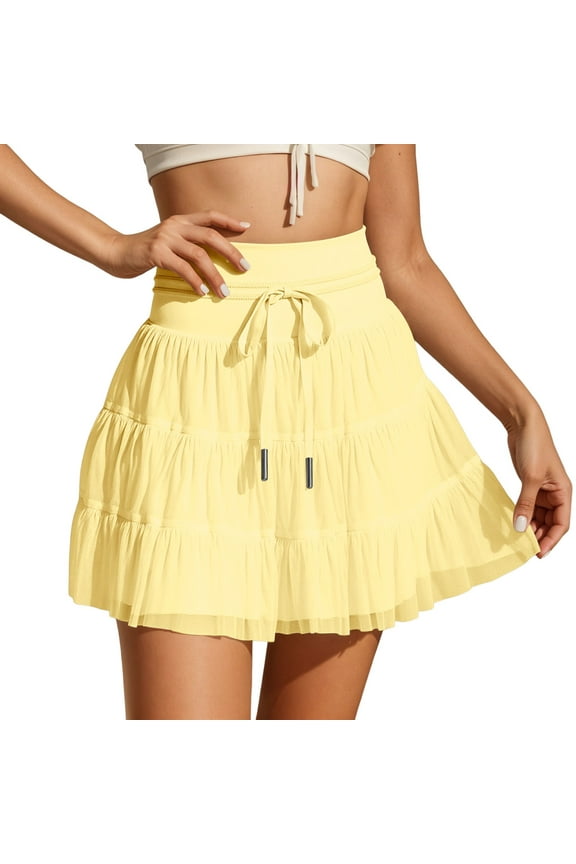 Skirts For Women Summer Mesh Solid Color Ruffled Elastic Waist Drawstring Mini Tennis Skirt Holiday-Wear,Yellow,S