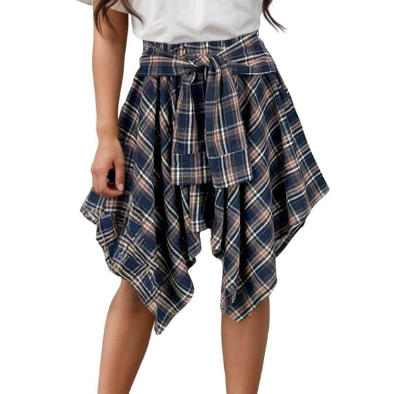 MIXUE Skirts For Women Summer Plaid Print Elastic High Waist Tie Front Pleated Mini Tennis Skirt Activewear,Blue,XXL