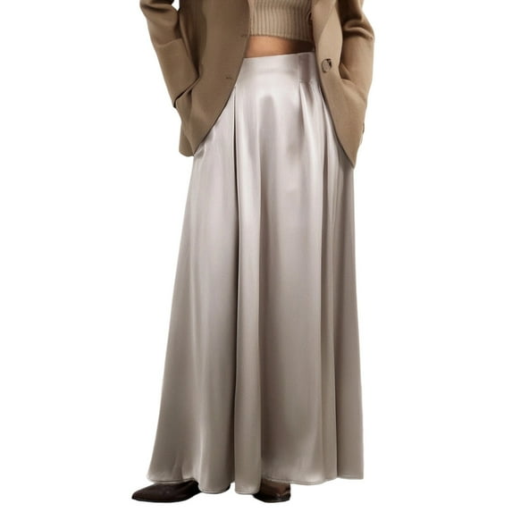 MIXUE Skirts For Women Summer Satin Solid Color A Line Elastic High Waist Casual Elegant Maxi Skirt Streetwear,Beige,S