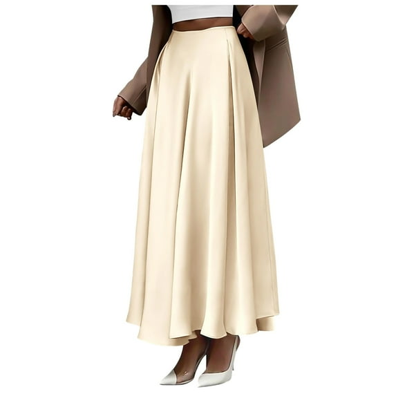 MIXUE Skirts For Women Summer Satin Solid Color Elastic High Waist Elegant Party A Line Maxi Skirt Streetwear,Beige,S
