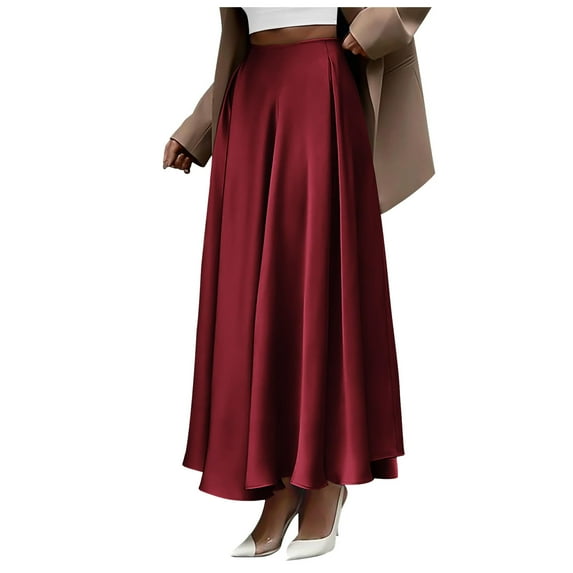 MIXUE Skirts For Women Summer Satin Solid Color Elastic High Waist Elegant Party A Line Maxi Skirt Streetwear,Red,L