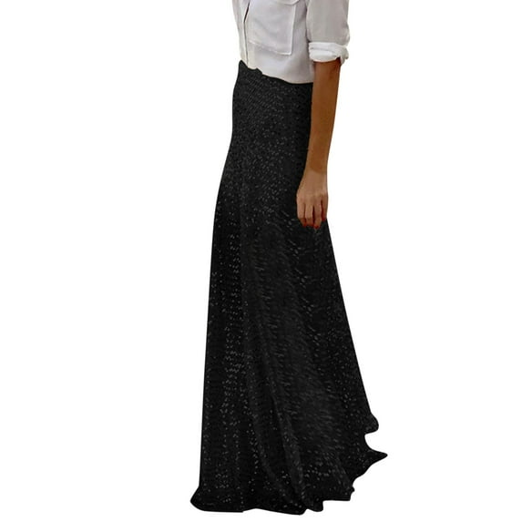 MIXUE Skirts For Women Summer Sequins Solid Color Elastic High Waist A Line Elegant Slim Fit Maxi Skirt Outwear,Black,L