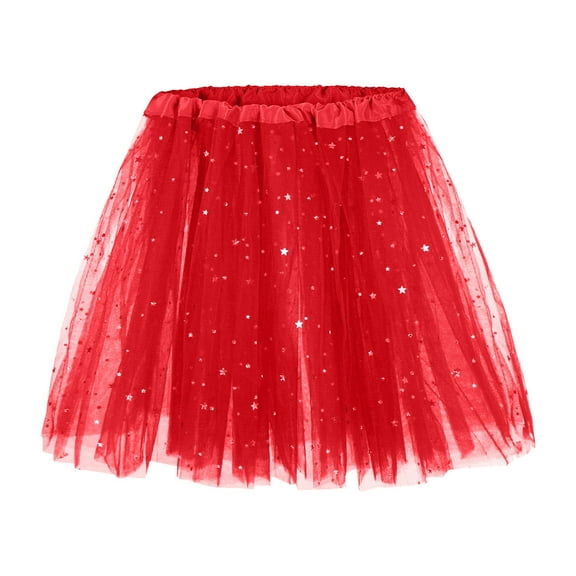 MIXUE Skirts For Women Summer Sequins Solid Color Mesh Elastic Waist Princess Fashion Tutu Mini Skirt Holiday Wear,Red,One Size