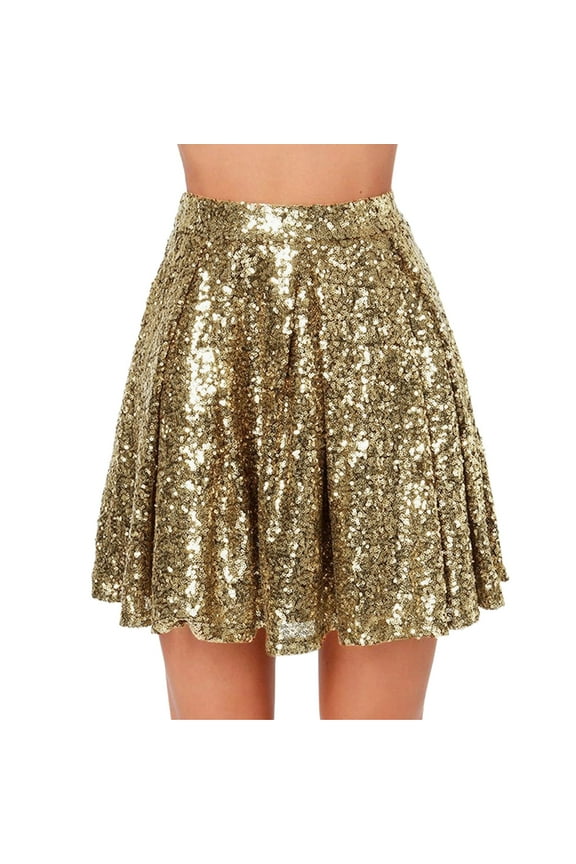 Skirts For Women Summer Sequins Solid Color Pleated Elastic High Waist Mini Skirt Holiday Wear,Gold,XL