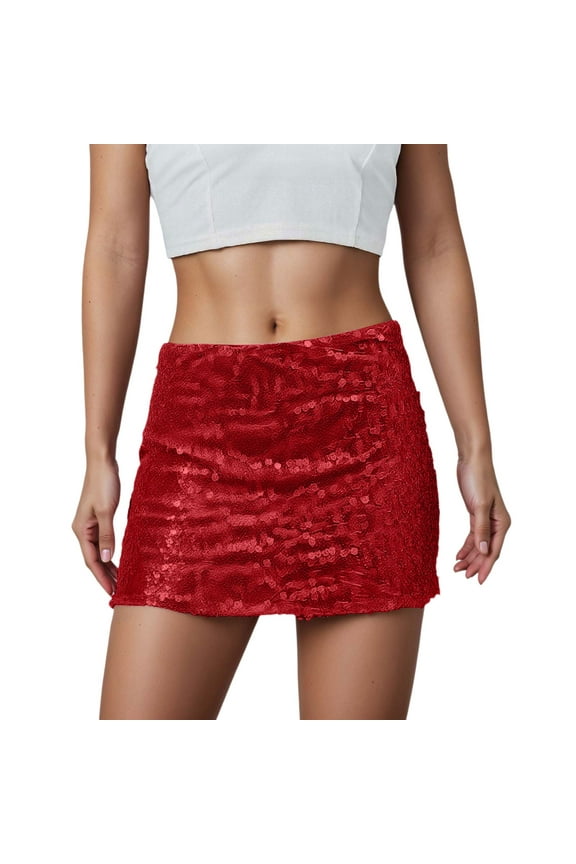 Skirts For Women Summer Sequins Solid Color Sparkly Party Club Night Out Casual Mini Bodycon Skirt Streetwear,Red,S