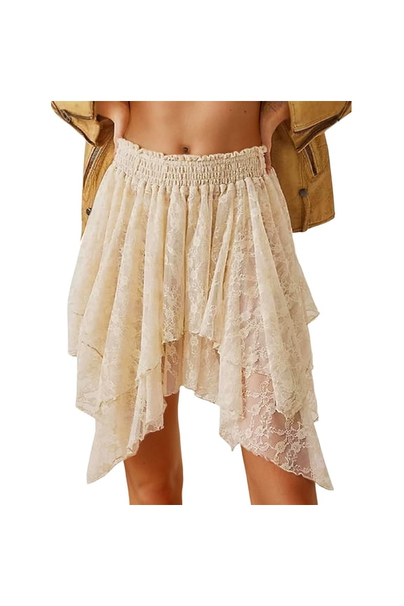Skirts For Women Summer Sheer Mesh Solid Color Lace Ruffle Pleated A Line Flowy Mini Skirt Holiday Wear,White,S