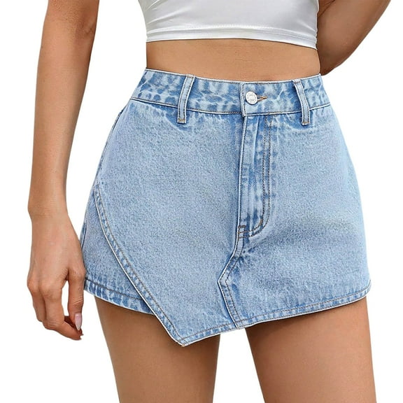 MIXUE Skirts For Women Summer Solid Color A Line With Pockets Casual Bodycon Mini Denim Skirt Daily-Wear,Blue,XS