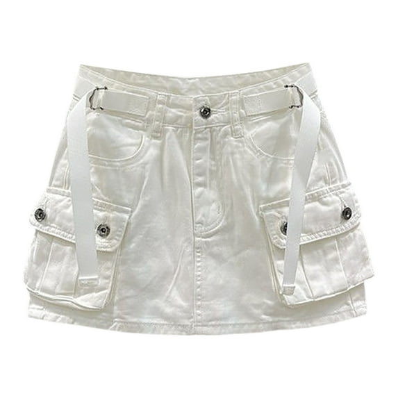 MIXUE Skirts For Women Summer Solid Color Cargo Low Waist Mini Denim Skirt Holiday-Wear,White,XS