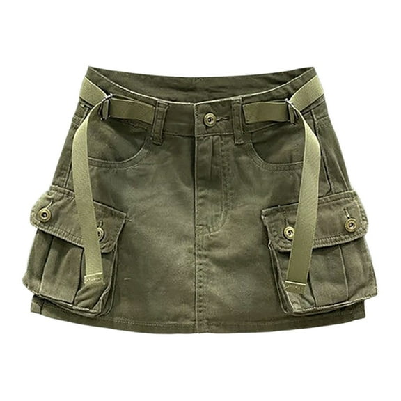 MIXUE Skirts For Women Summer Solid Color Cargo Low Waist Mini Denim Skirt Outwear,Green,XS