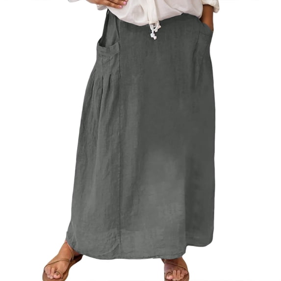 MIXUE Skirts For Women Summer Solid Color Casual With Pockets Plus Size High Waist Pleated Long A Line Flowy Travel Maxi Skirt Holiday Wear,Gray,M