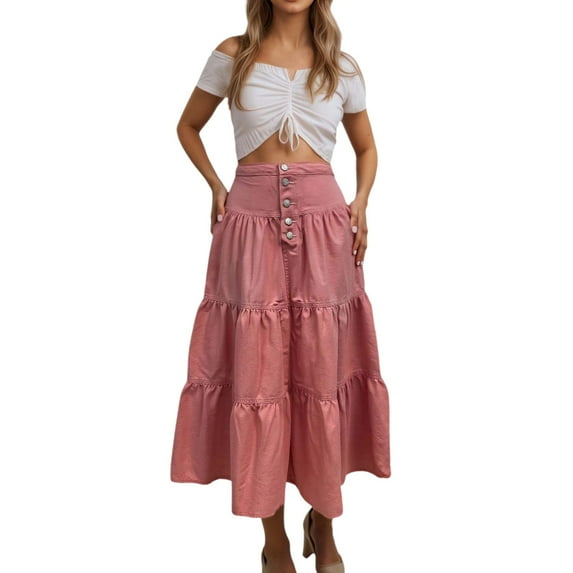 MIXUE Skirts For Women Summer Solid Color Denim High Waist Ruffle Pleated A Line Casual Maxi Skirt Daily-Wear,Red,L