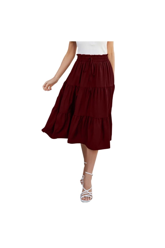 Skirts For Women Summer Solid Color Elastic High Waist A Line Casual Bohemian Beach Skirt Beachwear,Red,S